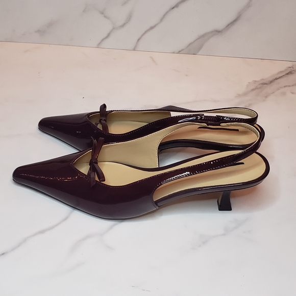 Ann Taylor NWOT Mini Bow Slingback Pointy Toe Kitten Heel Pumps Cranberry - Picture 3 of 6